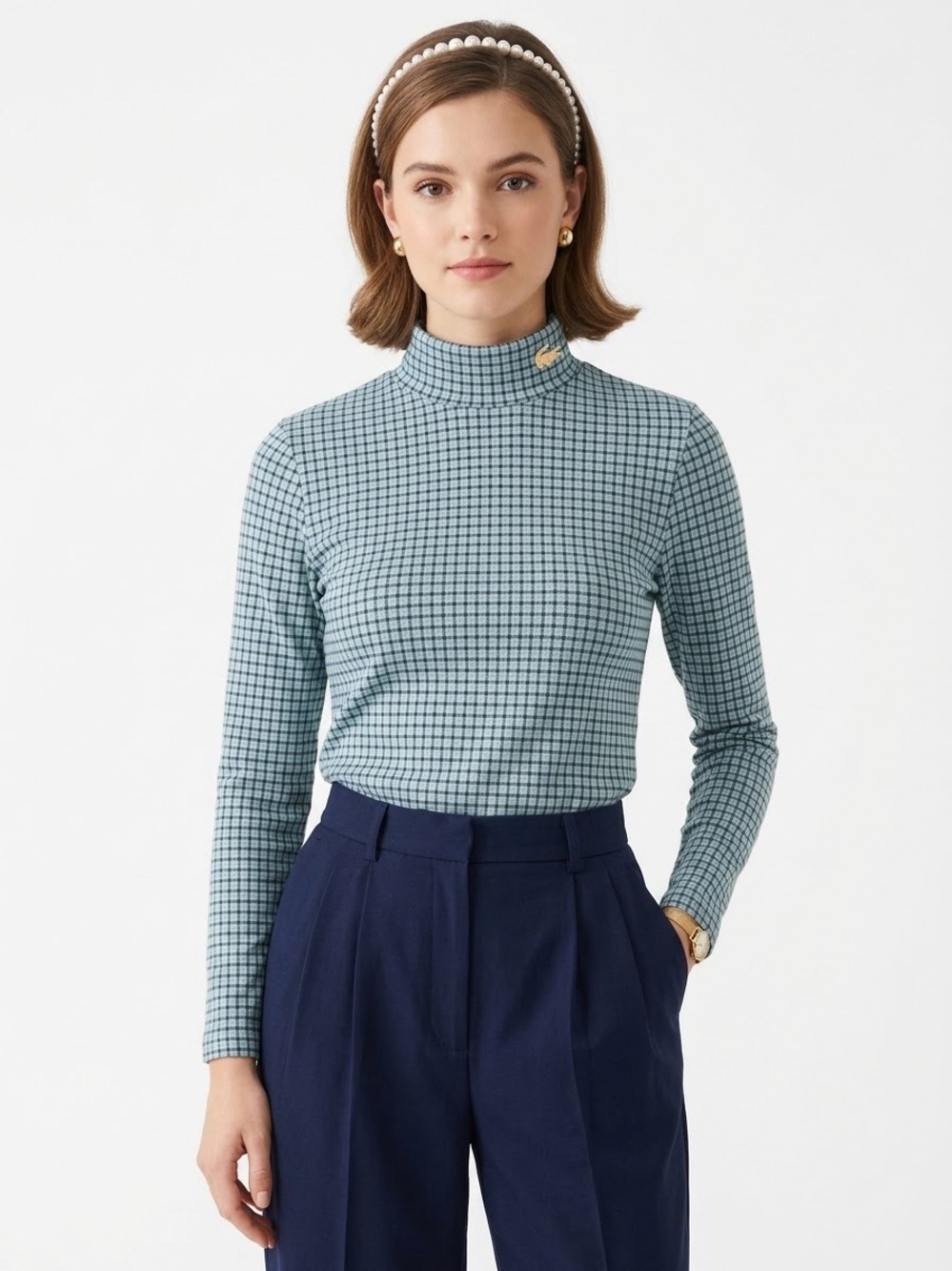 Lacoste Preppy Plaid Mock Neck Top Collegiate Retro Quiet Luxury Classic Career